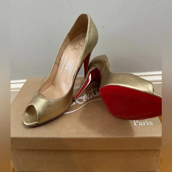 Christian Louboutin Metallic Gold Peep Toe Heels, 37.5/7 - Picture 3 of 3
